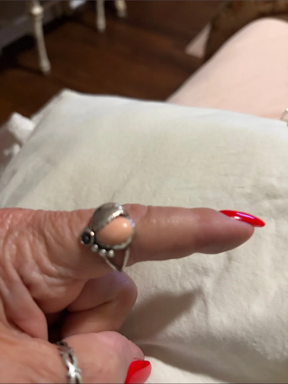 Sterling Silver Pink Coral Stone Ring with Decorative Accents antique